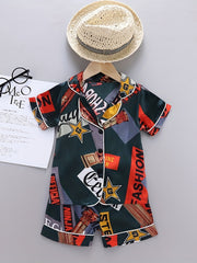 Boys Letter Print Block Pajamas Set Short Sleeves Tops & Bottoms Comfortable