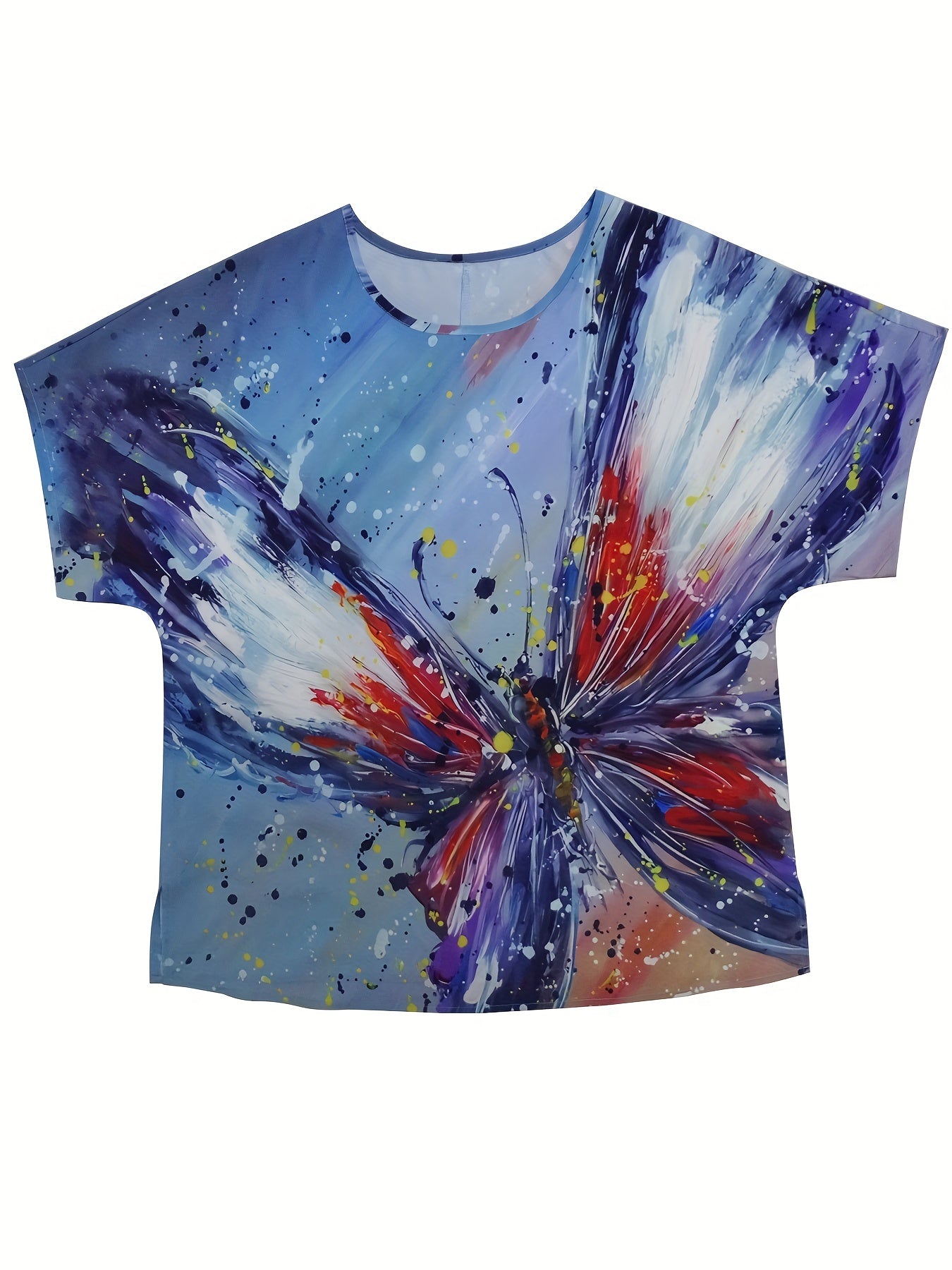 Tie Dye Butterfly Print Round Neck Short Sleeve Blouse