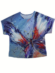 Tie Dye Butterfly Print Round Neck Short Sleeve Blouse