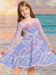 Girls Fish Scale Graphic Long Sleeve Dress