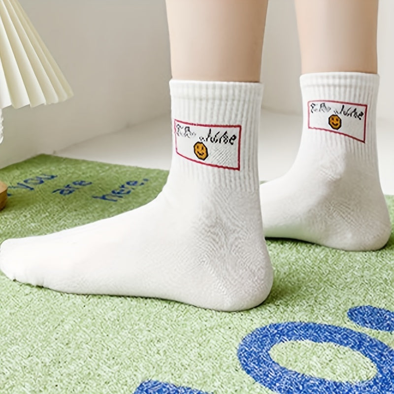 5 Pairs Letter Print Sports Socks Breathable Mid Tube Women's Stockings