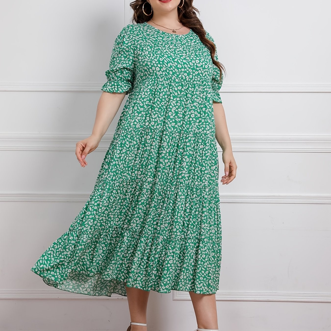 Floral Print Plus Size Maxi Dress Round Neck Long Dress