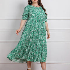 Floral Print Plus Size Maxi Dress Round Neck Long Dress