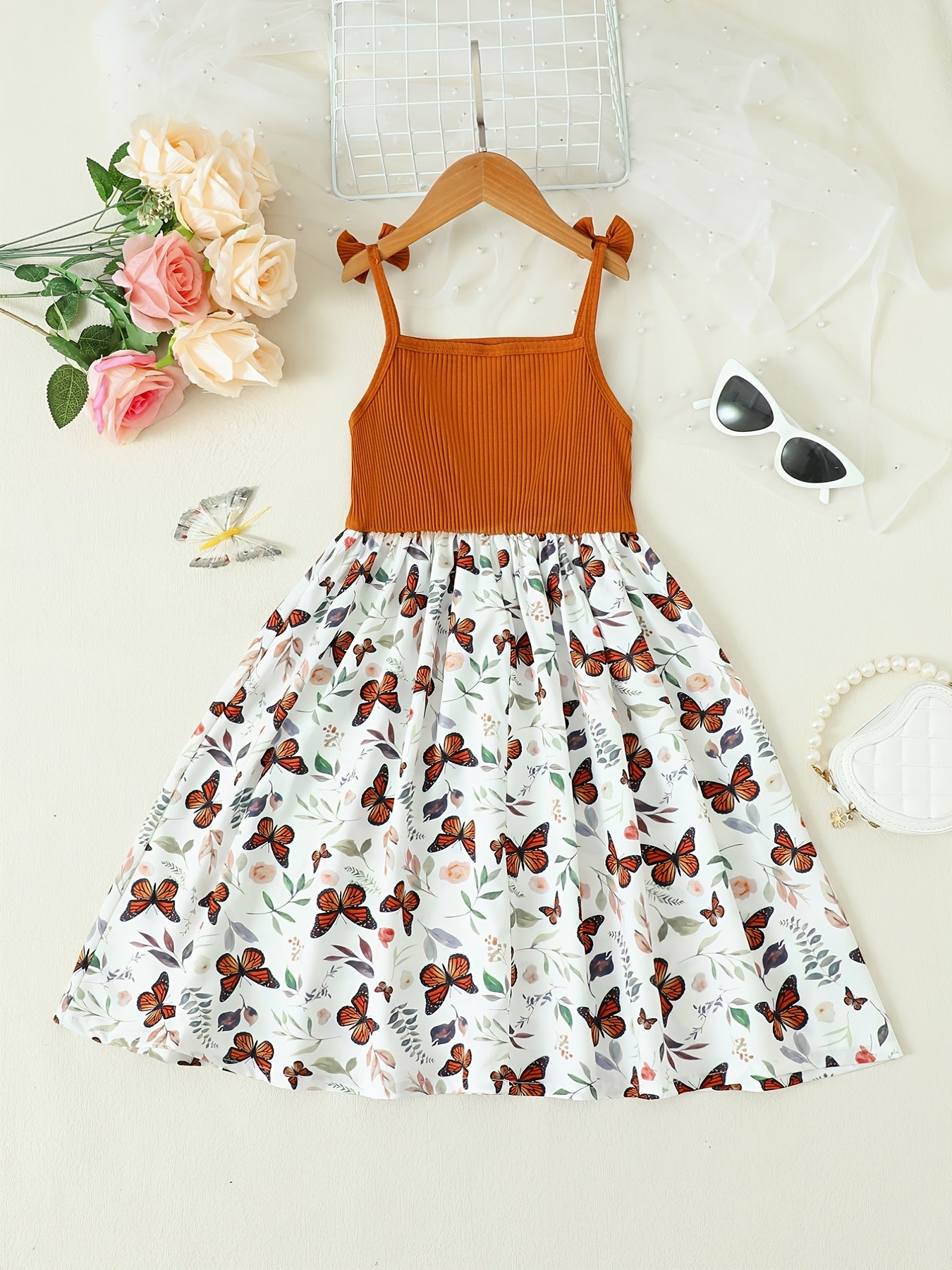 Girls Butterfly Graphic Bow Shoulder Splicing Cami Dress for Party Holiday