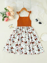 Girls Butterfly Graphic Bow Shoulder Splicing Cami Dress for Party Holiday