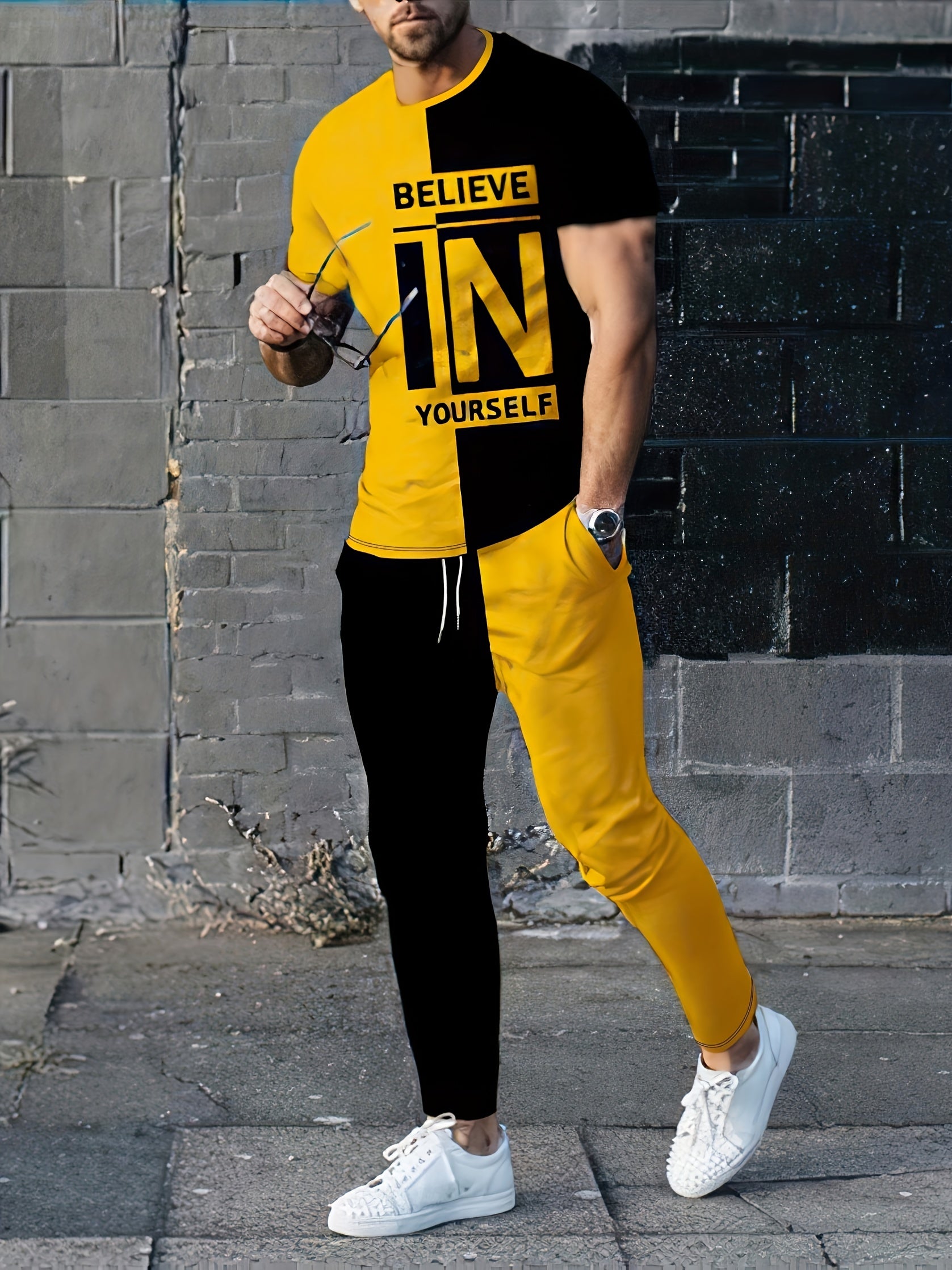 Ethnic Style Men's 2-Piece Outfits Short Sleeve T-shirt And Drawstring Pants