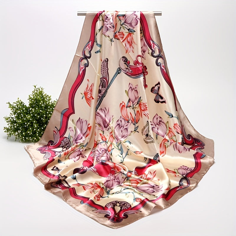 Butterfly Flower Print Satin Scarf Bandana Shawl