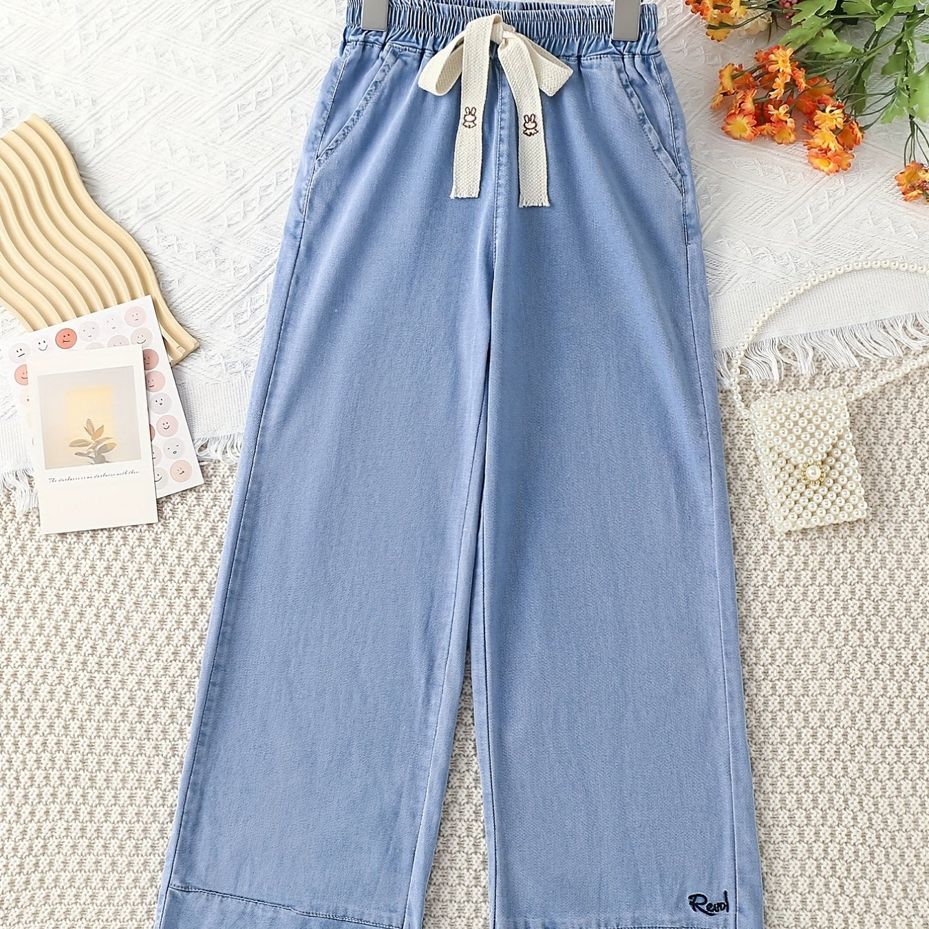 Girls Velvet Wide Leg Jeans with Drawstring Waist