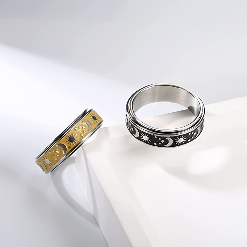 Men's Titanium Steel Rotating Ring Sun Moon Stars Decompression Couple Ring