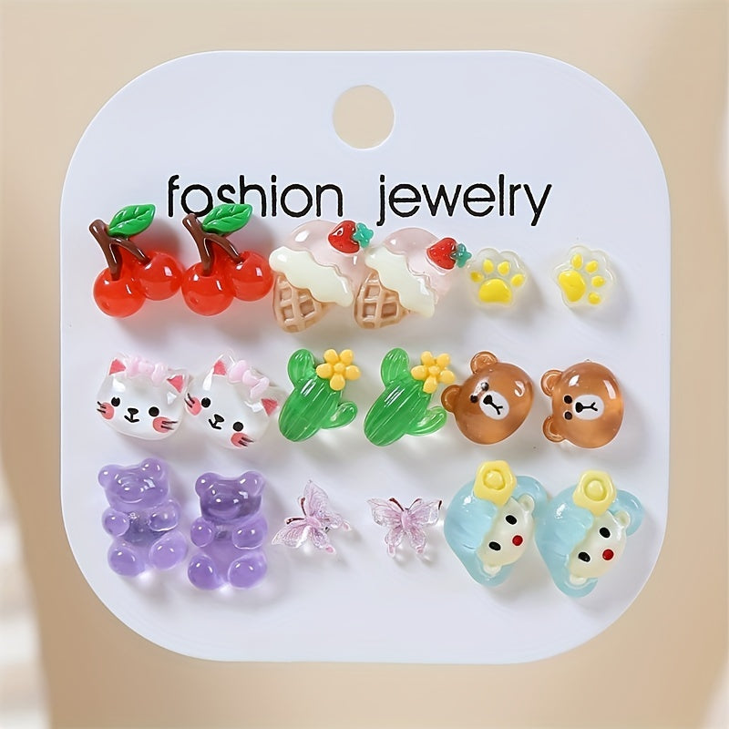 9 Pairs Teen Cartoon Charm Stud Earrings for Girls