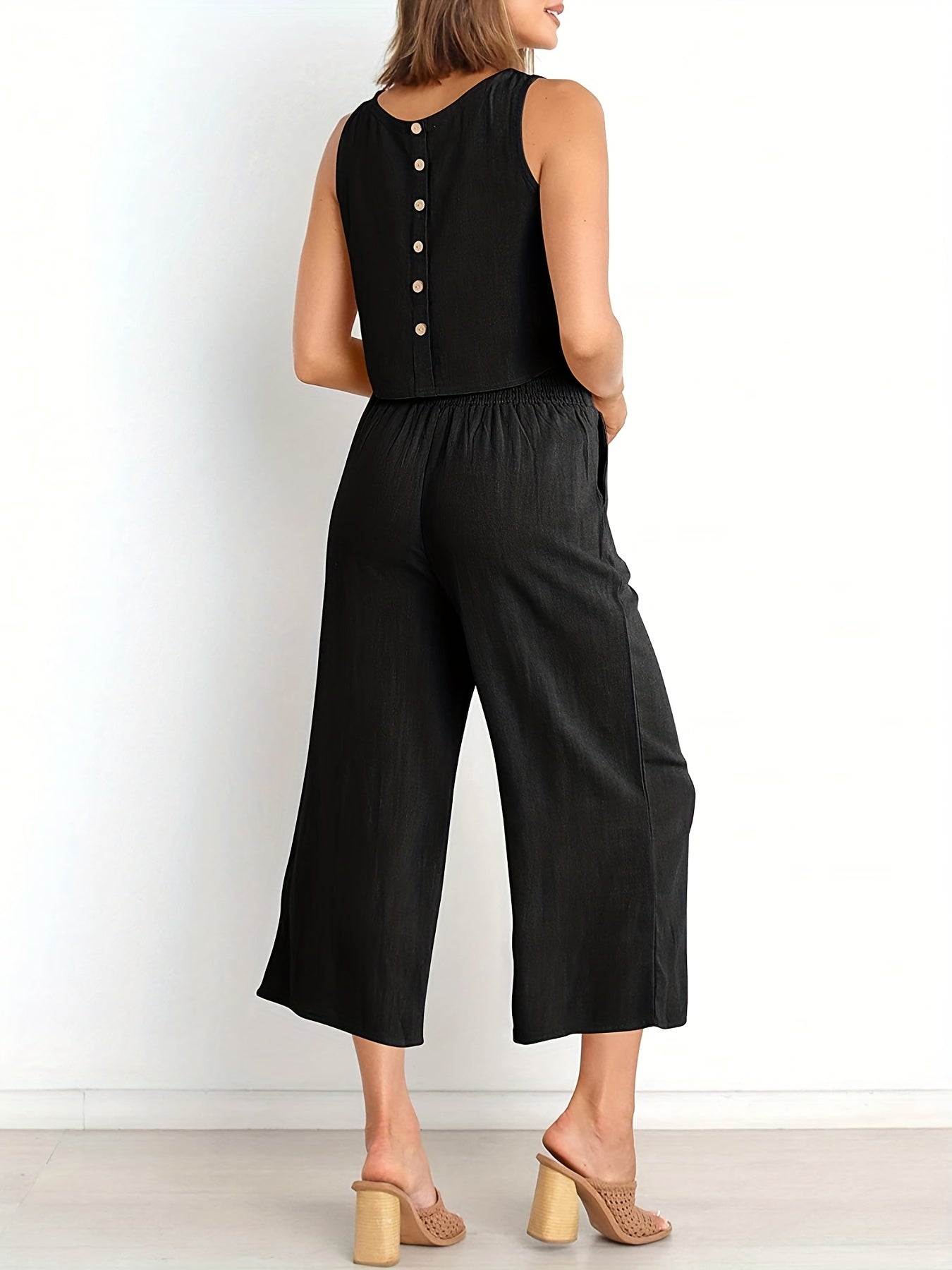 Solid Tank Top & Wide Leg Pants 2 Piece Set