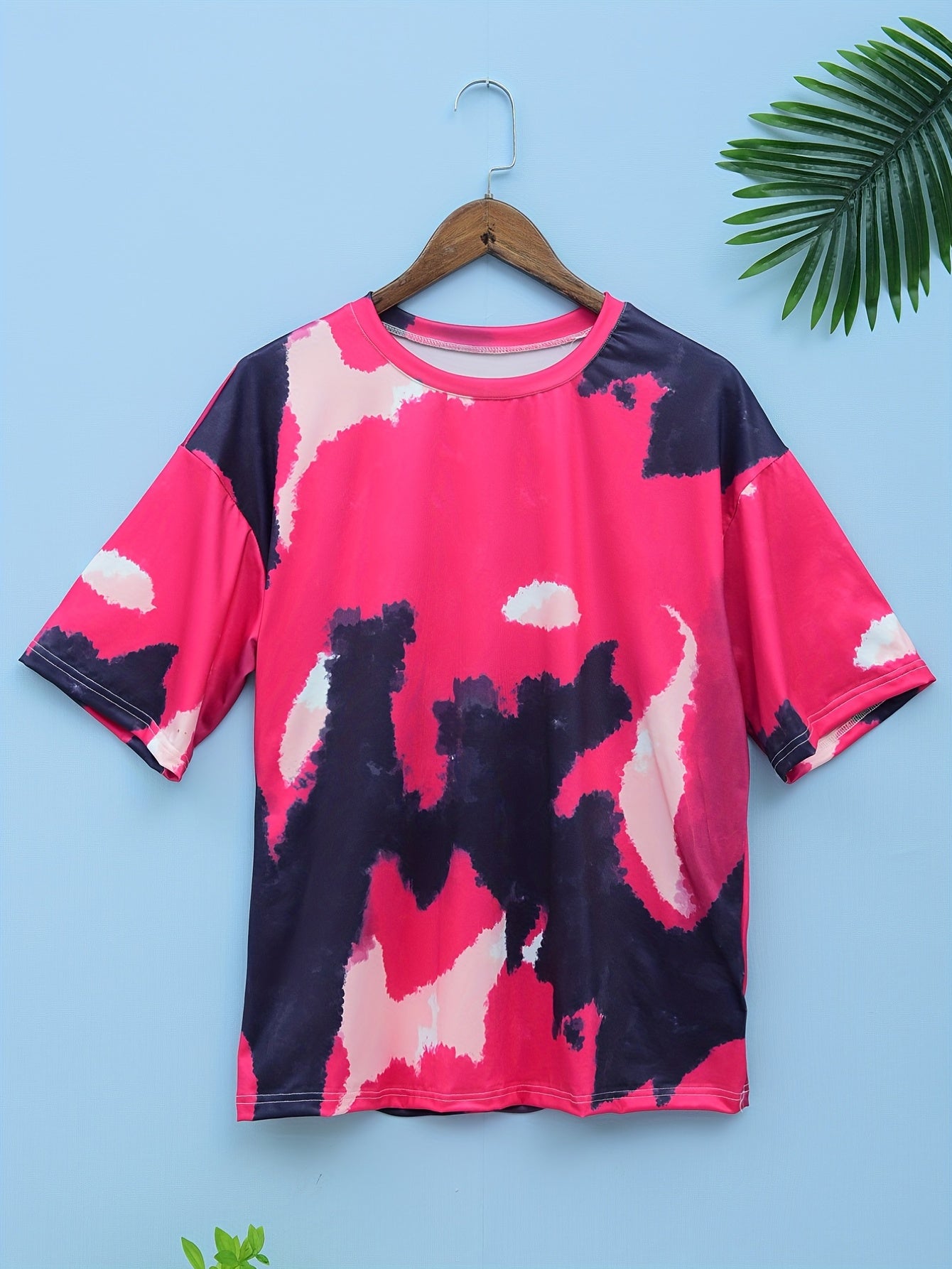 Pink Print Loose Short Sleeve T-Shirt for Sports Fitness Yoga Running