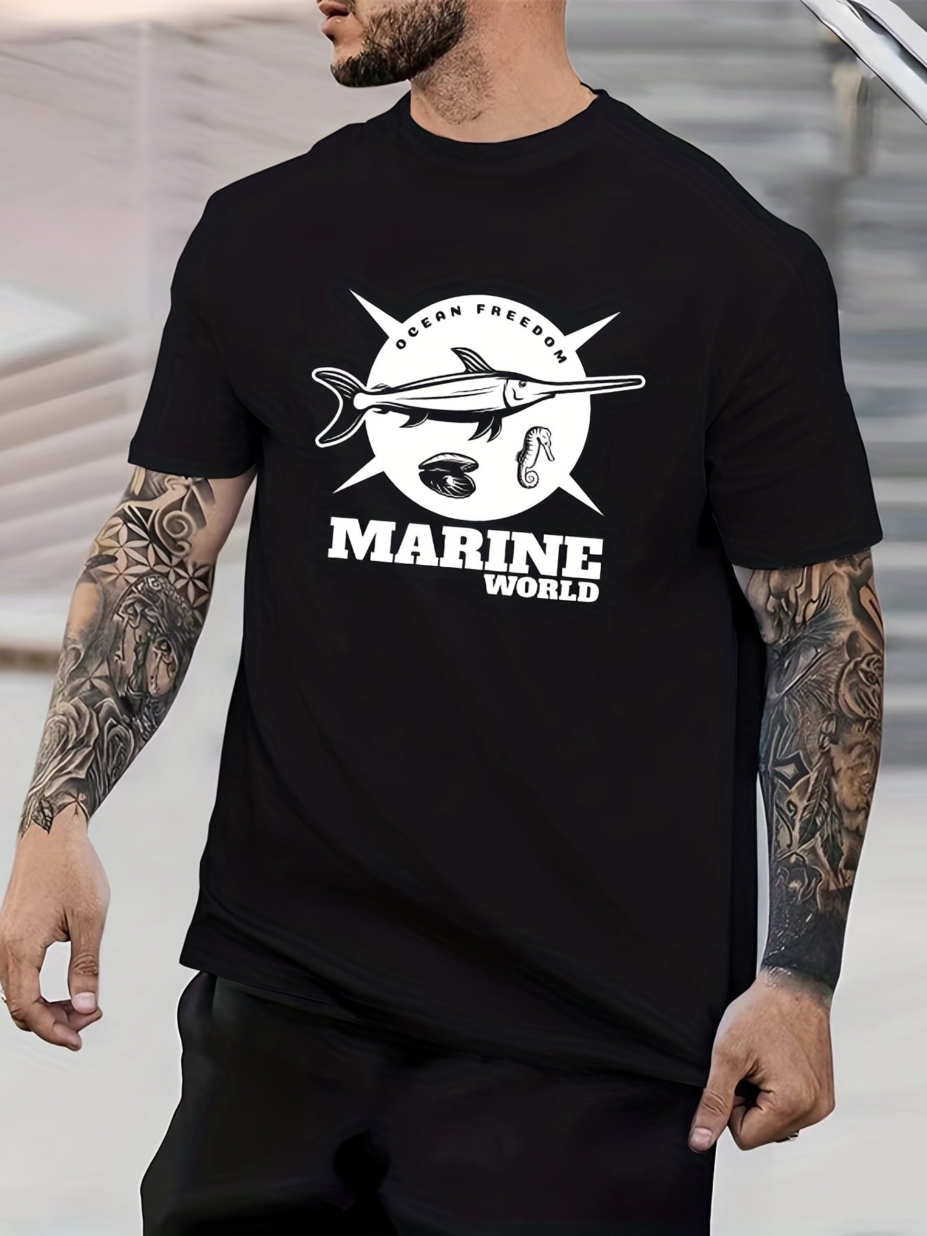 Men's Fish Print Crew Neck Active T-shirt for Summer