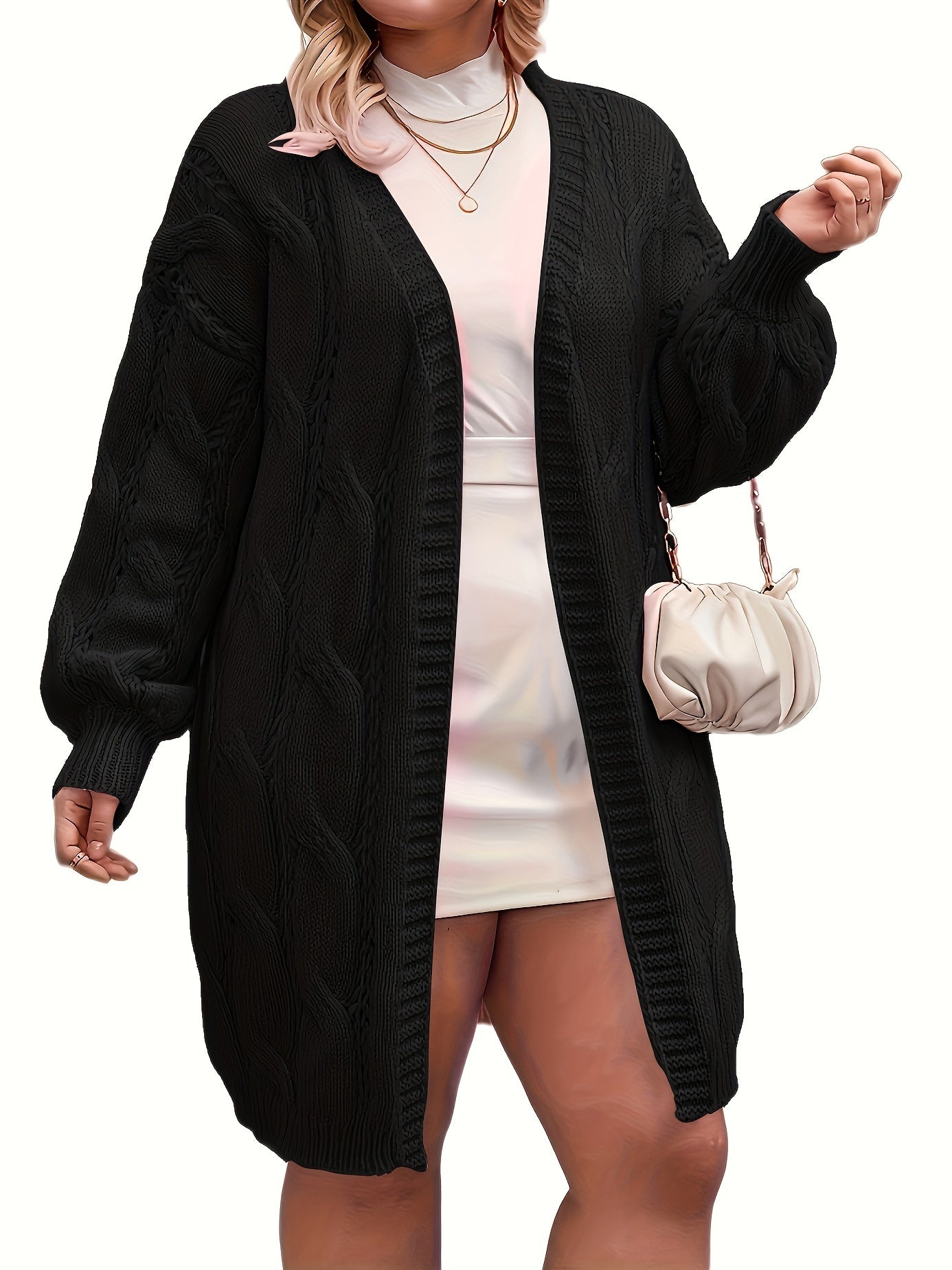 Women's Plus Size Casual Cardigan Solid Jacquard Lantern Sleeve