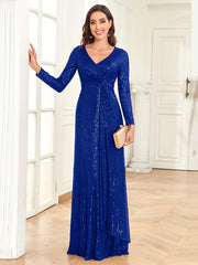 Sequined Twist Front Dress Long Sleeve V Neck Dress