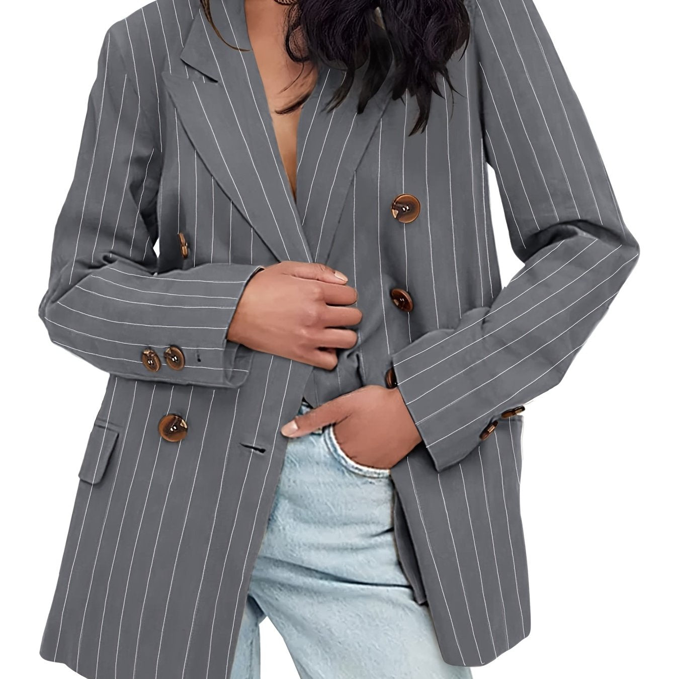 Striped Print Lapel Blazer Open Front Long Sleeve Outerwear