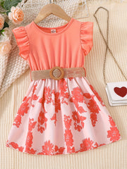 Girls Sleeveless Ruffle Crew Neck Flowers Print Splicing Princess Dress