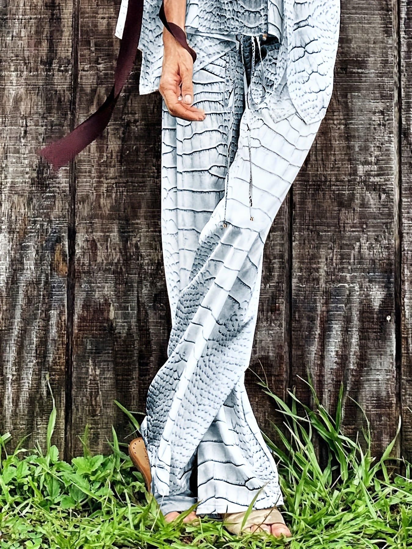 Crocodile Print Two Pieces Swimsuit Loose Fit V Neck Semi Sheer