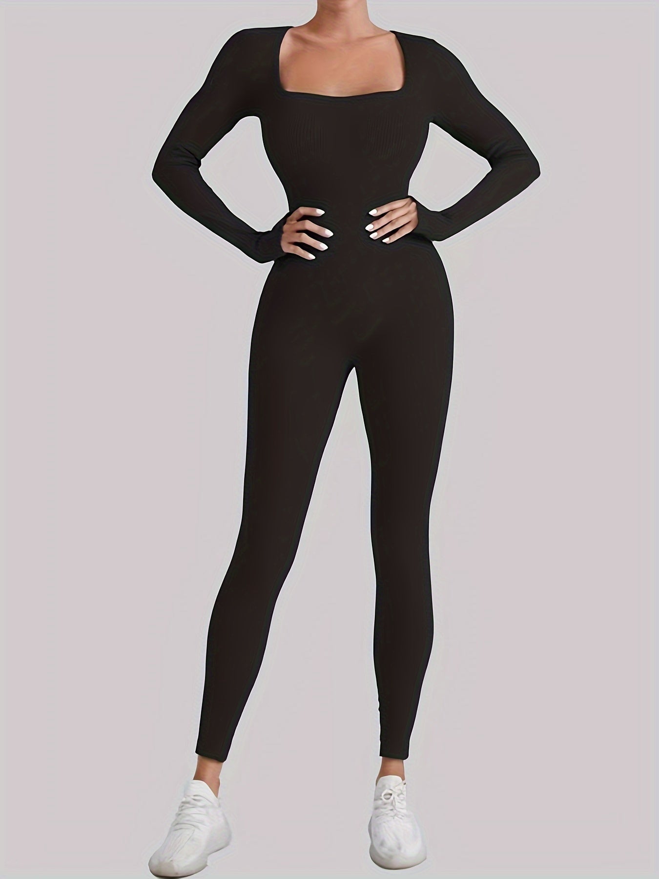 Rib Knit Yoga Jumpsuit Square Neck Bodysuit