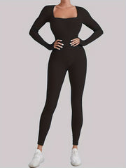 Rib Knit Yoga Jumpsuit Square Neck Bodysuit