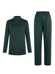 Mock Neck Long Sleeve Top & Wide Leg Pants Set Women's Clothing