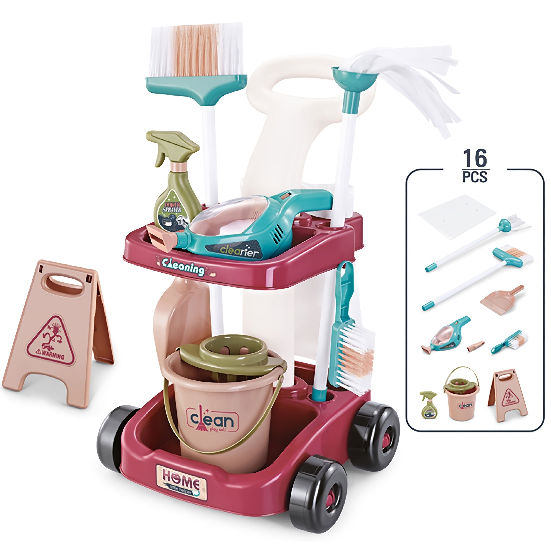 Kids' Cleaning Toy Set with Cart and Bucket