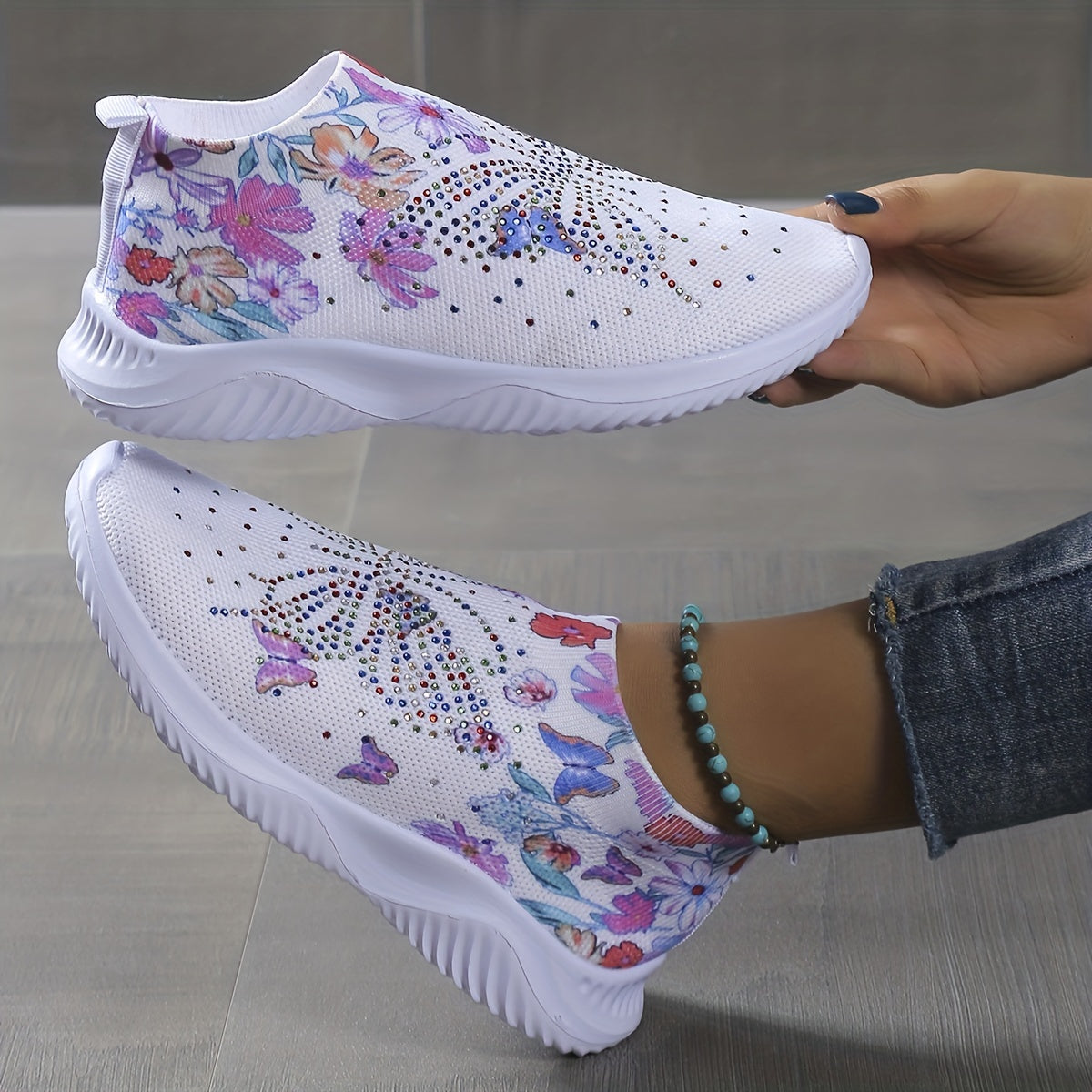 Floral Printed Butterfly Slip On Sneakers Rhinestone Decor Knitted Shoes