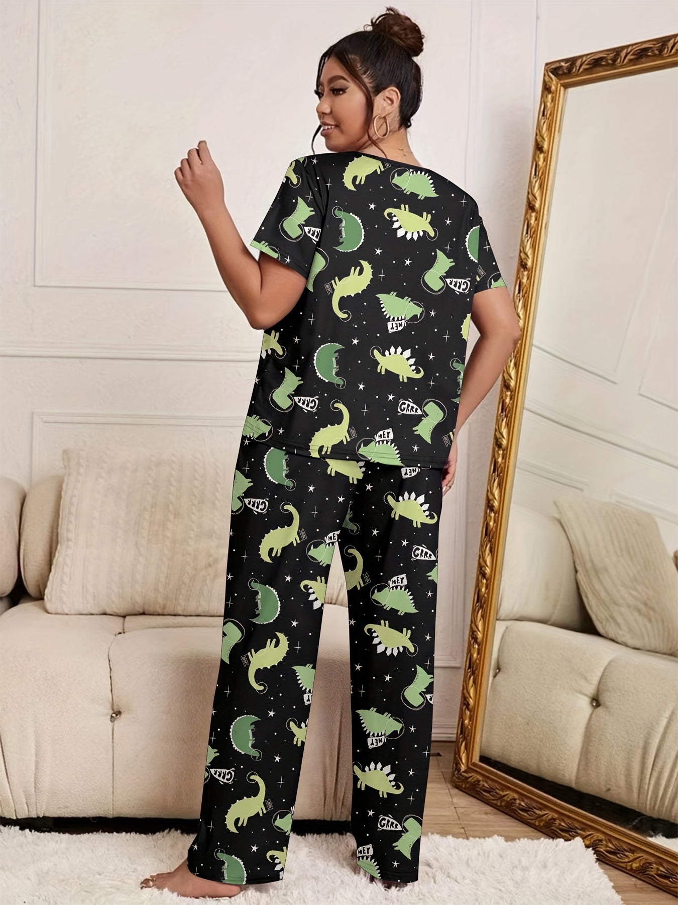 Dinosaur Print Pajamas Set Short Sleeve Tee & Pants Loungewear