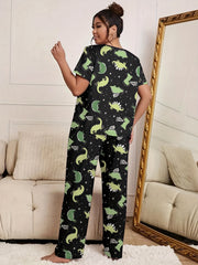 Dinosaur Print Pajamas Set Short Sleeve Tee & Pants Loungewear