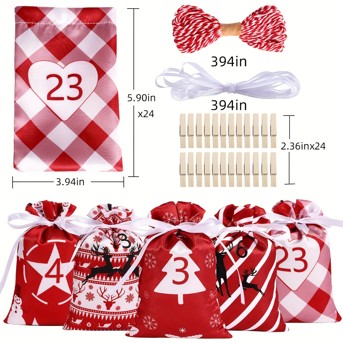24pcs Hanging Christmas Advent Calendar Bags for Xmas Navid