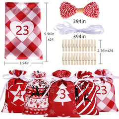 24pcs Hanging Christmas Advent Calendar Bags for Xmas Navid