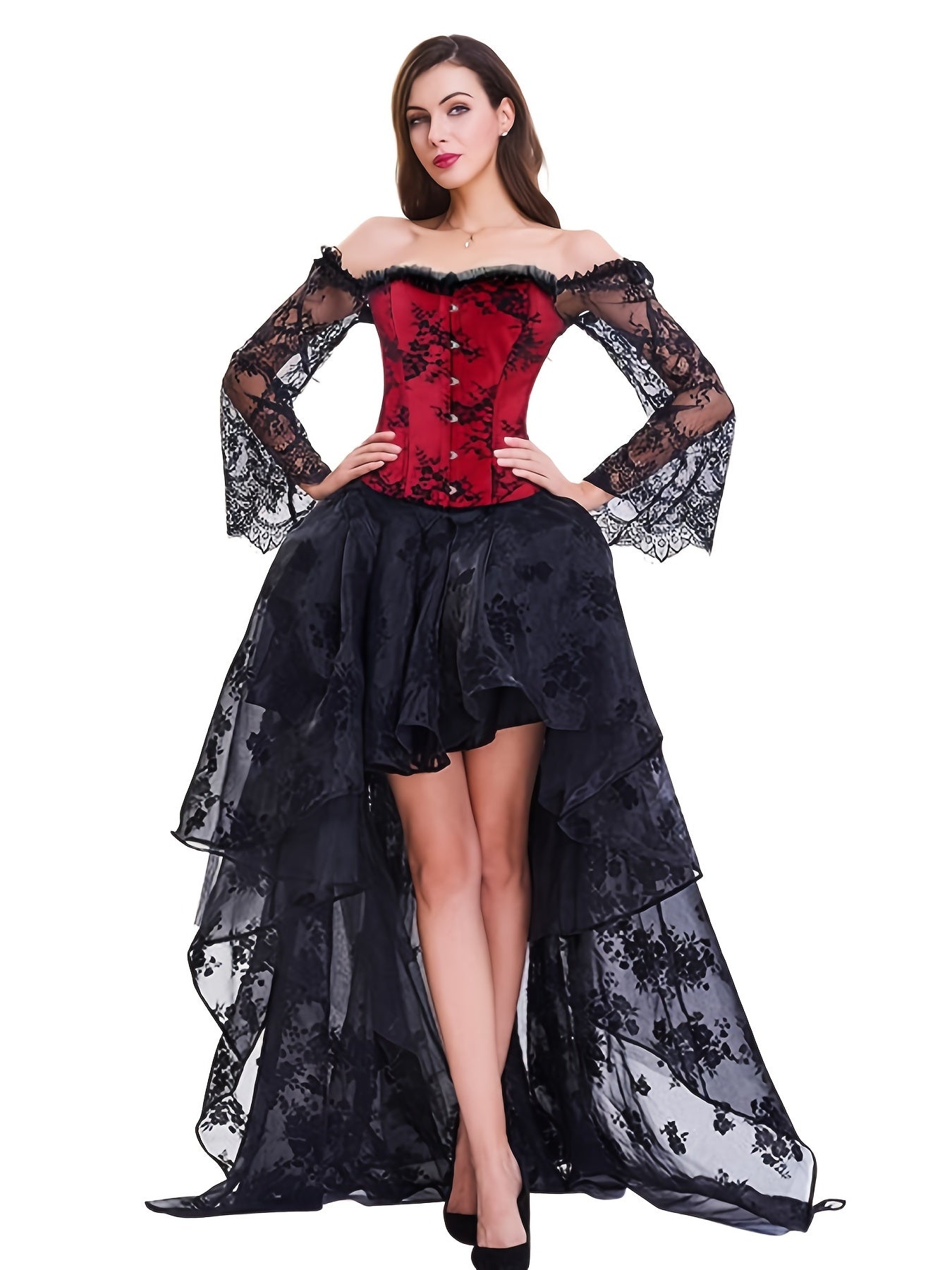 Punk Corset Dress Set Off Shoulder Lace Court Bustier Tops & Low Skirt