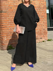 Solid V Neck Sleeve Top & Wide Leg Pants Set Women's Clothing
