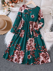 Girls' Retro Floral Print Long Sleeve Dress With Belt