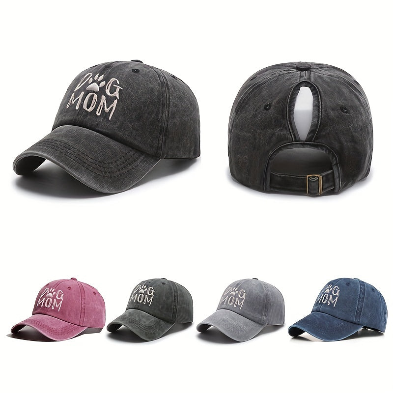 DOG MOM Embroidery Ponytail Baseball Cap Washed Distressed Sunscreen Sports Hat