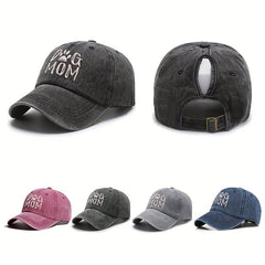 DOG MOM Embroidery Ponytail Baseball Cap Washed Distressed Sunscreen Sports Hat