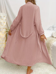 Solid Flannel Night Robe Long Sleeve V Neck Belt Women's Sleepwear