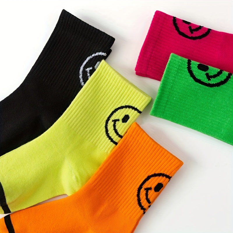 5Pairs Boys Cute Smiley Face Crew Socks for All Seasons