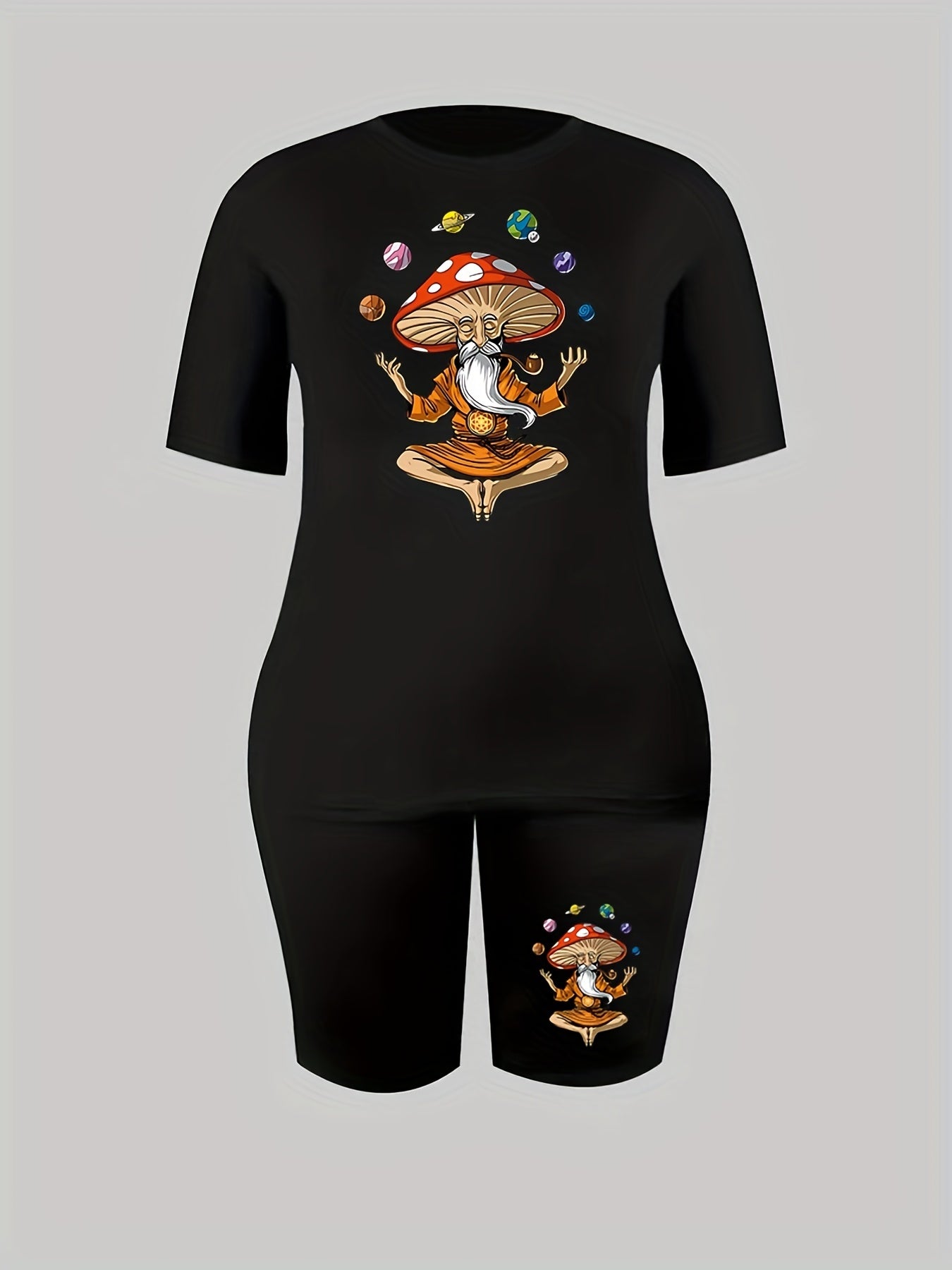 Women's Plus Mushroom Buddha Print Crew Neck Top & Shorts Set