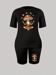 Women's Plus Mushroom Buddha Print Crew Neck Top & Shorts Set