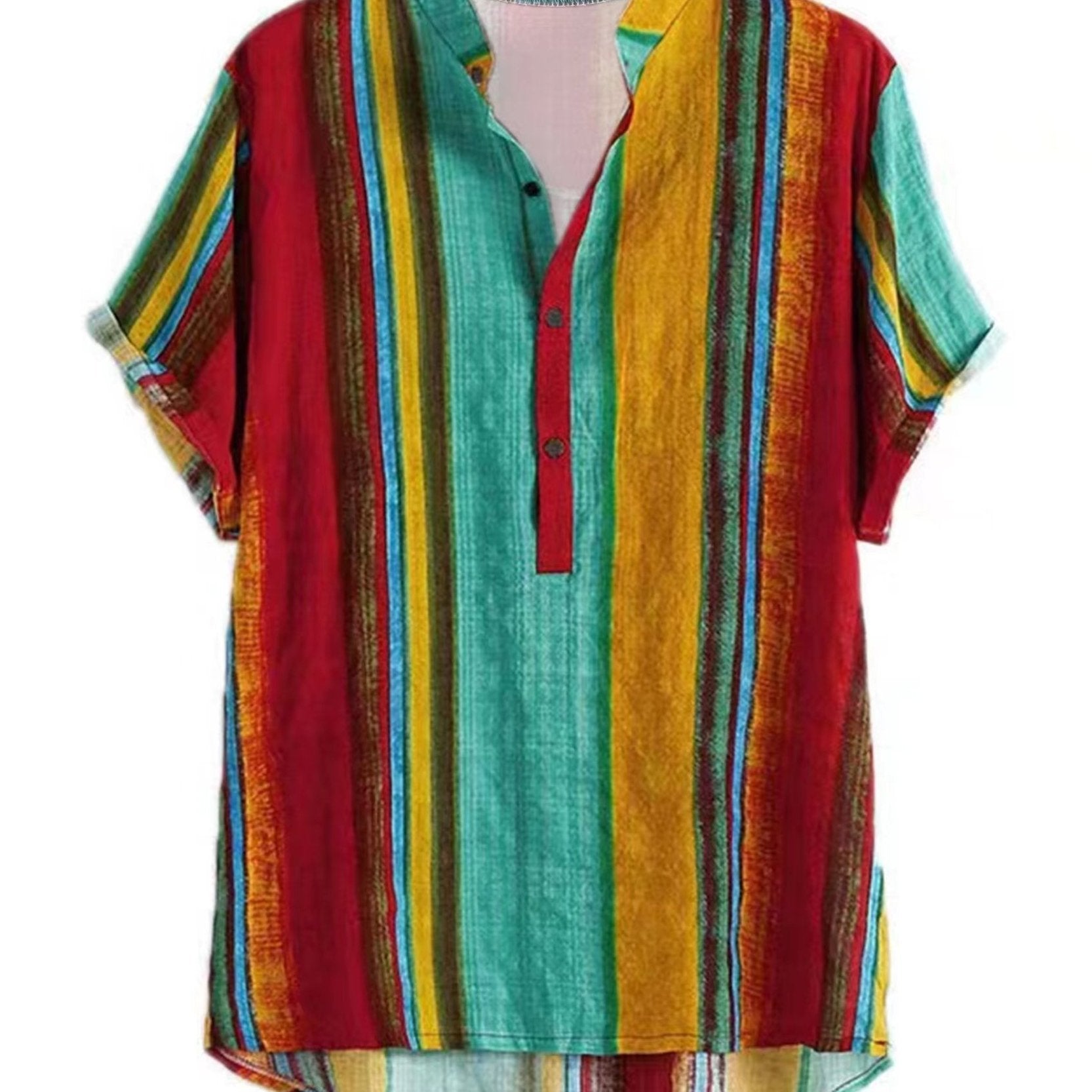 Colorful Stripe Mismatch Pattern Print Men's Casual Short Sleeve Shirt