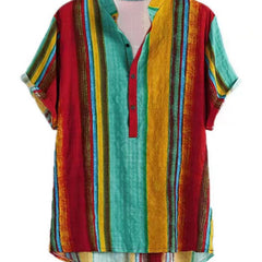 Colorful Stripe Mismatch Pattern Print Men's Casual Short Sleeve Shirt
