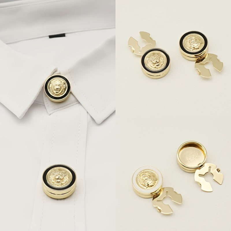 2 Pack Lion Head Shirt Clips Men Women Golden Tone Metal Buttons Decor