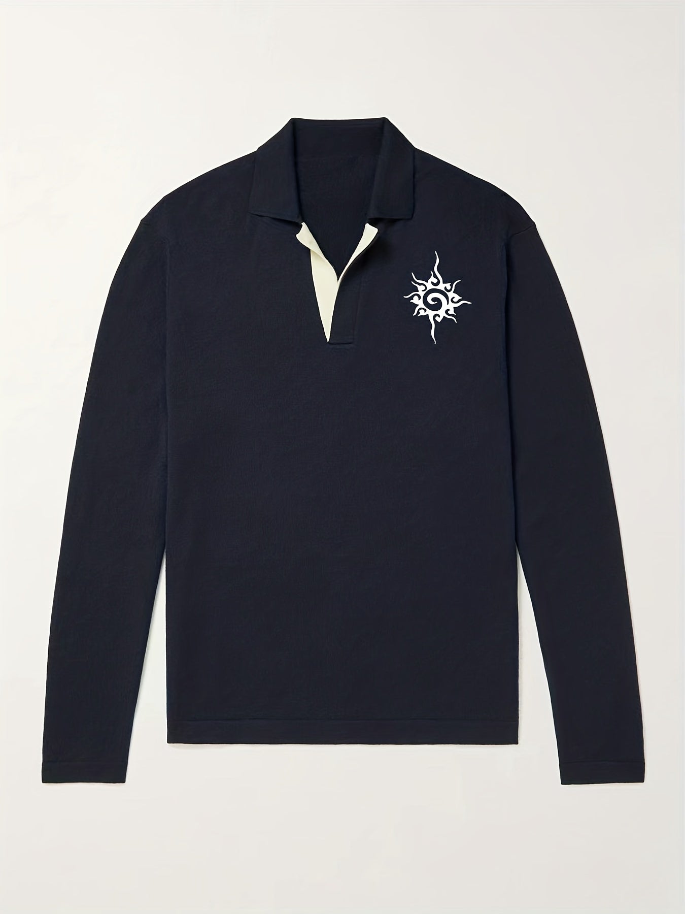 Retro Pattern Knit Polo Shirt Men's Casual Lapel Stretch V Neck Pullover Sweater