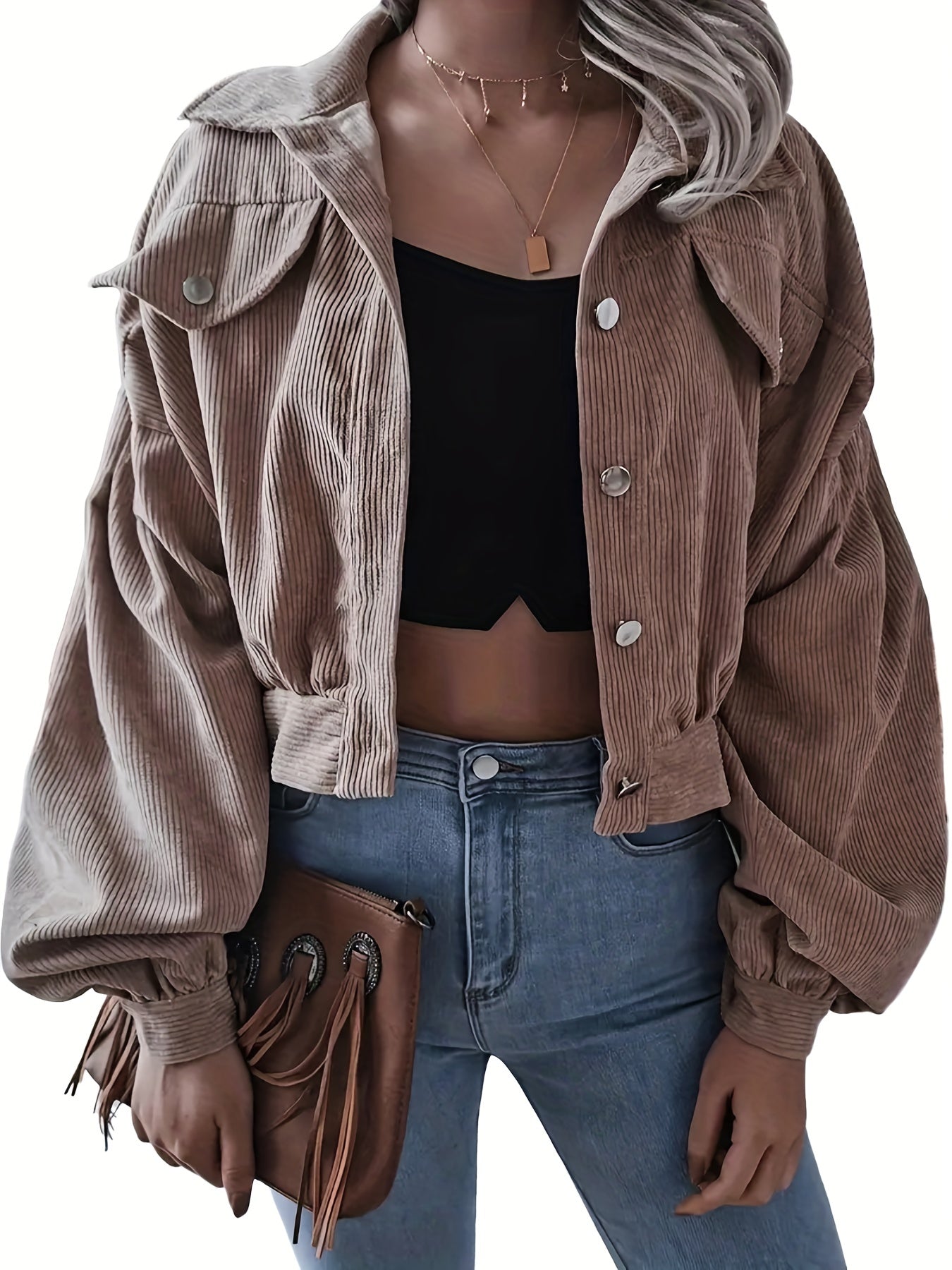 Corduroy Crop Jacket Long Sleeve for Fall & Winter Women's Clothing