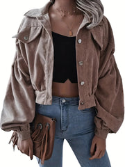 Corduroy Crop Jacket Long Sleeve for Fall & Winter Women's Clothing