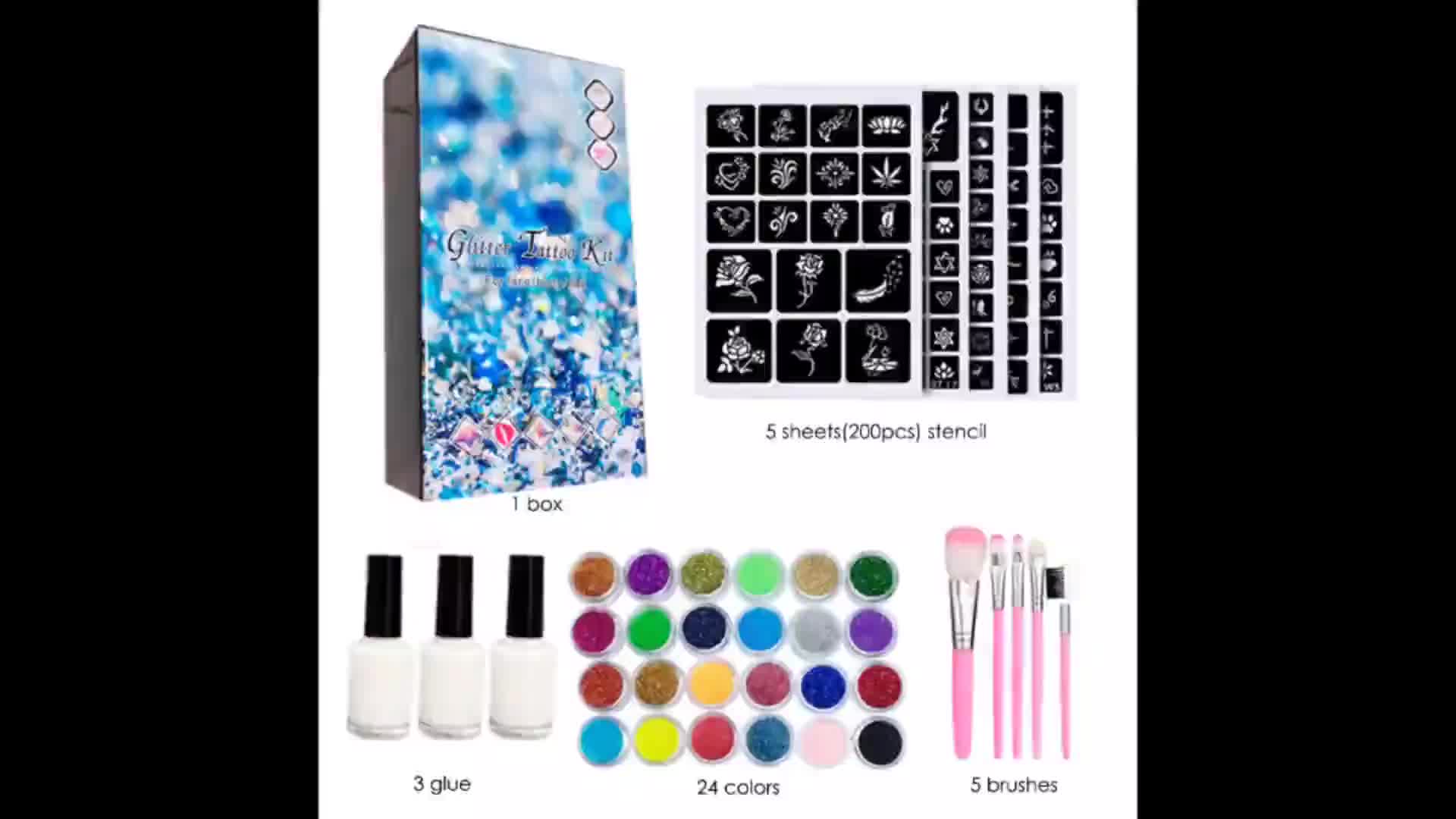 Temporary Glitter Tattoo Kit 24 Colors 200 Stencils 5 Brushes 3 Glue