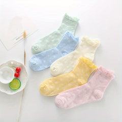 5 Pairs Argyle Pattern Ruffle Socks Women's Stockings