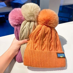 Women's Winter Padded Hat Warm Wool Cap Woolen Pom Pom Knitted Hat