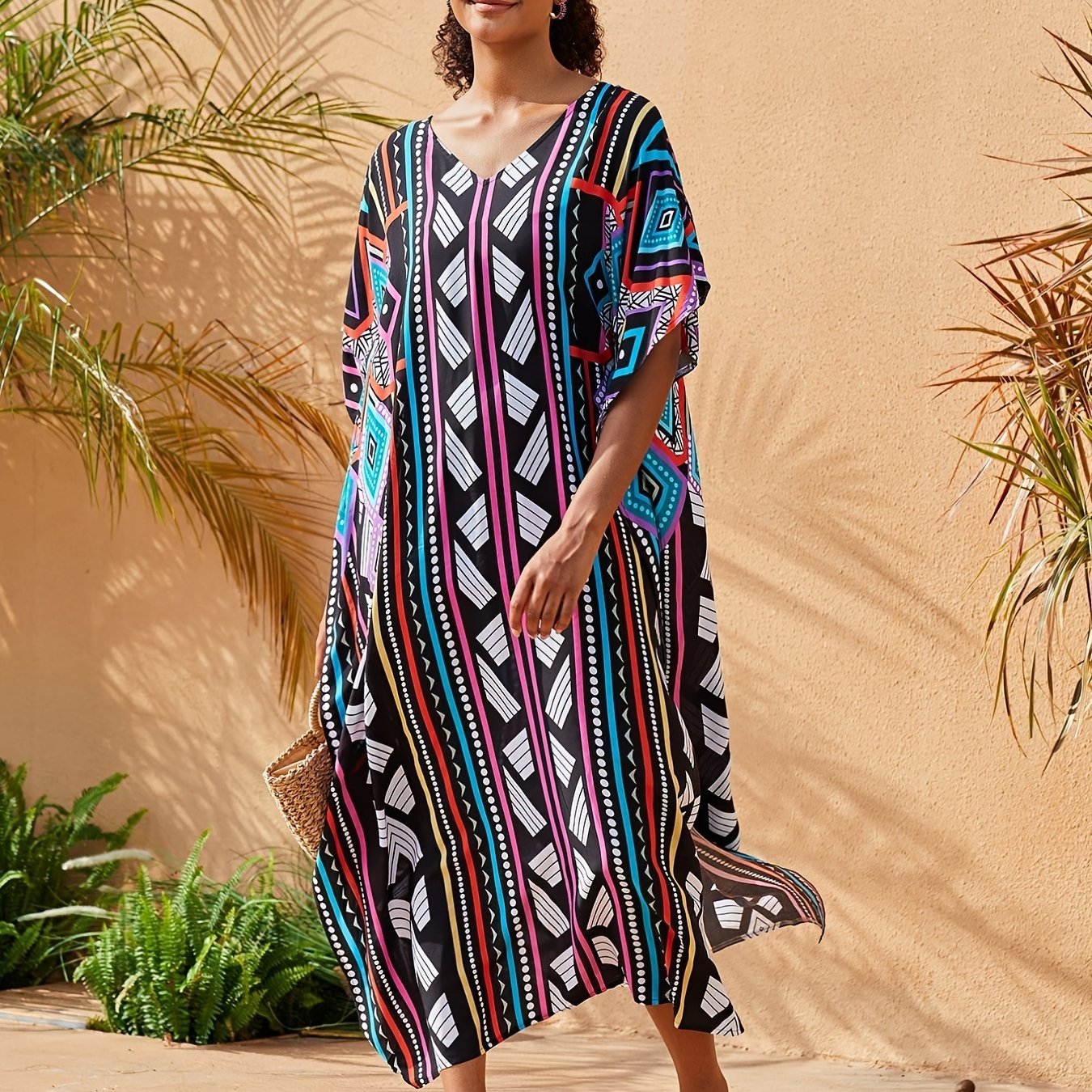 Boho Kaftan Dress Women's Plus Geo Print V Neck Maxi Beach Dress